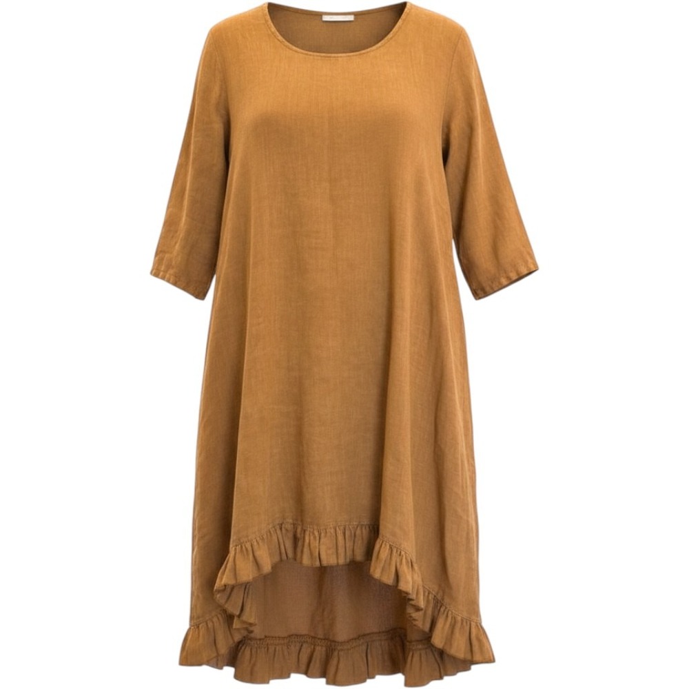 Bryn Walker 100% Linen Ruffle Hem High Low Tunic Dress Lagenlook Boho M Brwn USA